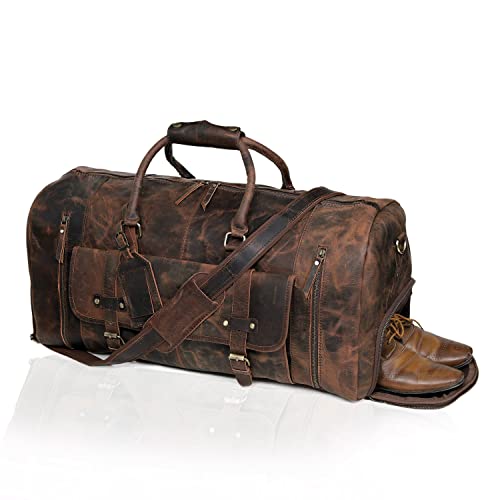20 Inch Leather Duffel Bags for Men and Women Full Grain Leather Travel Overnight Weekend Leather Bags Sports Gym Duffel for Men