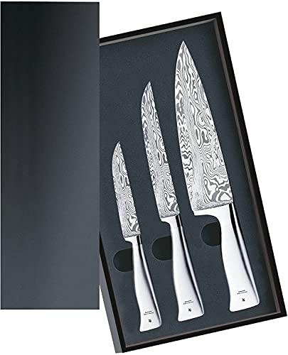 WMF 3-Piece Knife Set Utility Knife Meat Knife Chef's Knife Damasteel Damascus Performance Cut Forged Sharpening Steel Cromargan Stainless Steel 120 Layers of Handles in a Wooden Box Made in Germany - Sales4U