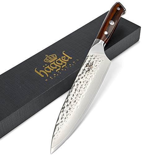 Haggel 8" Professional Chef Knife Damascus Steel - VG10 Grade - the best Value Razor Sharp Kitchen Knife - Hand Hammered Stainless Steel blade - Full Tang Rosewood Handle