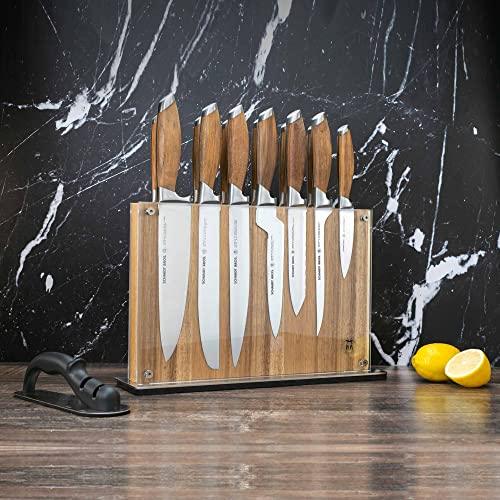 Schmidt Brothers - Bonded Teak, 15-Piece Knife Set, High-Carbon Stainless Steel Cutlery with Acacia and Acrylic Magnetic Knife Block and Knife Sharpener - Sales4U