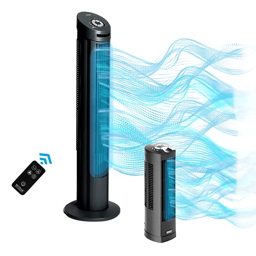 Seville Classics UltraSlimline Oscillating Tower Fan with Fresh Air for Indoor, Bedroom and Home Office Use Bladeless Quiet Cooling with Remote, 40" 4-speed & 17" 3-speed, Black Combo