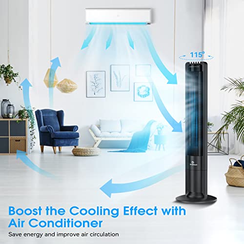 Airvention 115° Oscillating Tower Fan With Remote, 43 Inch Quiet Air Circulator, Space Saving Stand Fan, For Home, Office or Bedroom, Energy Efficient Cooling, 3 Silent Speeds, X01A, Black