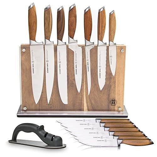 Schmidt Brothers - Bonded Teak, 15-Piece Knife Set, High-Carbon Stainless Steel Cutlery with Acacia and Acrylic Magnetic Knife Block and Knife Sharpener - Sales4U