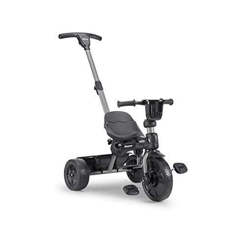 Joovy 4.1 Kids Tricycle with 4-Stages Featuring Extra-Wide Front Tire, Removable and Adjustable Parent Handle, Safety Harness, Machine-Washable Seat Pad, and Retractable Canopy (Black)