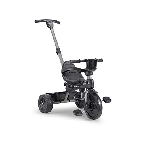 Joovy 4.1 Kids Tricycle with 4-Stages Featuring Extra-Wide Front Tire, Removable and Adjustable Parent Handle, Safety Harness, Machine-Washable Seat Pad, and Retractable Canopy (Black)