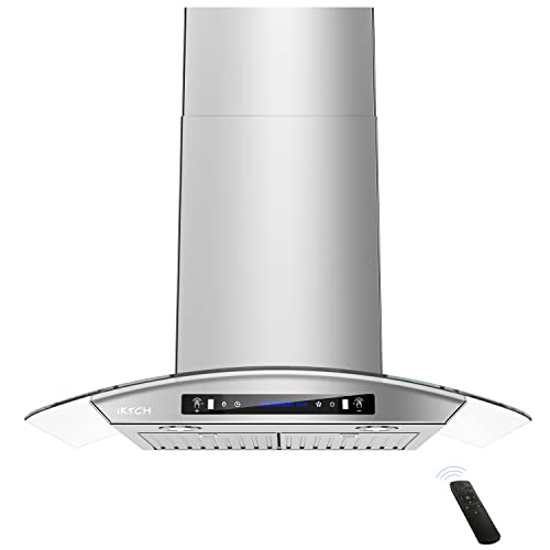 IKTCH 36-inch Wall Mount Range Hood Tempered Glass 900 CFM, Kitchen Chimney Vent Stainless Steel with Gesture Sensing & Touch Control Switch Panel, 2 Pcs Adjustable Lights(IKP03-36)