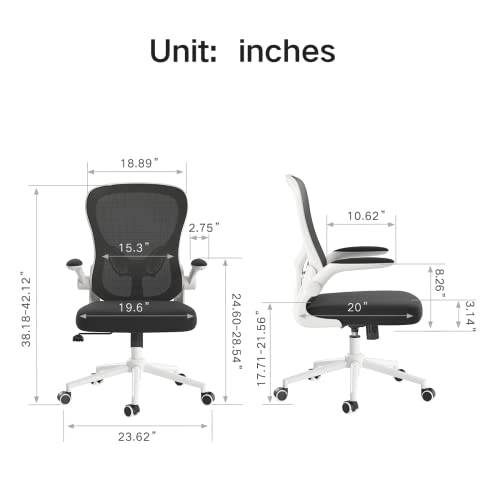 Hbada Ergonomic Office Chair Work Desk Chair Computer Breathable Mesh Chair with Adjustable Lumbar Support and Flip-up Arms, White