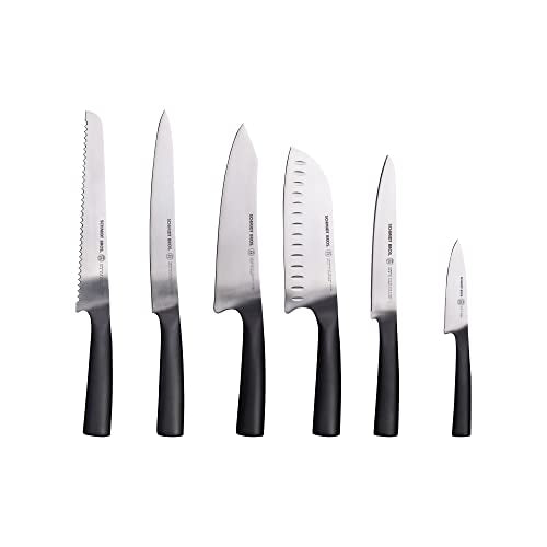Schmidt Brothers - Carbon 6, 7-Piece Kitchen Knife Set, High-Carbon Stainless Steel Cutlery with Midtown Acacia and Acrylic Magnetic Knife Block