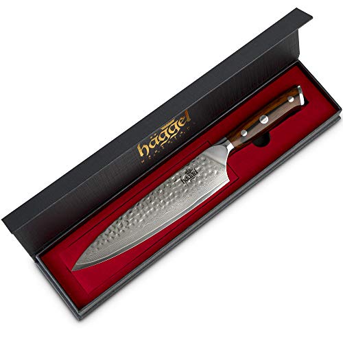 Haggel 8" Professional Chef Knife Damascus Steel - VG10 Grade - the best Value Razor Sharp Kitchen Knife - Hand Hammered Stainless Steel blade - Full Tang Rosewood Handle