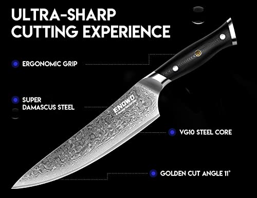 enowo Damascus Knife Set 3 PCS,Razor Sharp Kitchen Knives Japanese Damascus Steel VG10, Well-Balanced Damascus Chef Knife set with Premium G10 Full Tang Handle Triple Rivet Gift Box