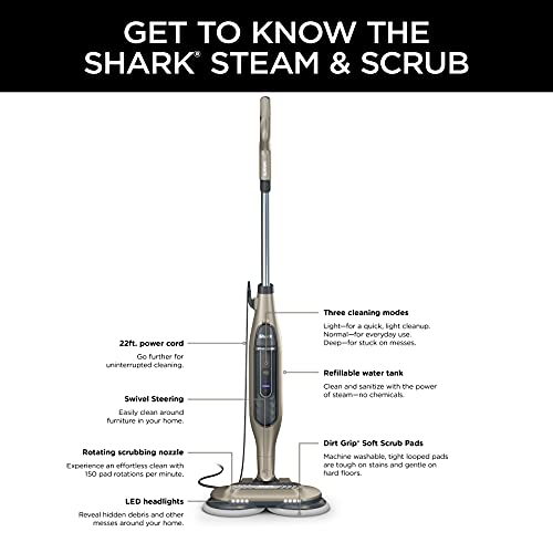 Shark S7001 Mop, Scrub & Sanitize at The Same Time, Designed for Hard Floors, with 4 Dirt Grip Soft Scrub Washable Pads, 3 Steam Modes & LED Headlights, Gold, 13.7 in L x 6.75 in W x 46.5 in H