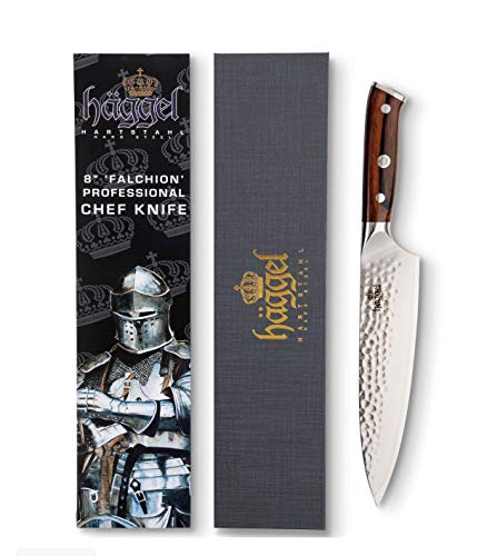 Haggel 8" Professional Chef Knife Damascus Steel - VG10 Grade - the best Value Razor Sharp Kitchen Knife - Hand Hammered Stainless Steel blade - Full Tang Rosewood Handle