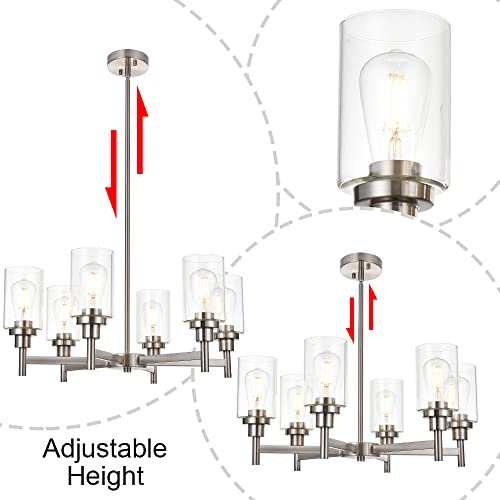 VINLUZ 6 Light Contemporary Chandelier Brushed Nickel Modern Pendant Lighting Cylinder Clear Glass Shaded Classic Ceiling Light Fixtures for Living Room Dining Room Kitchen