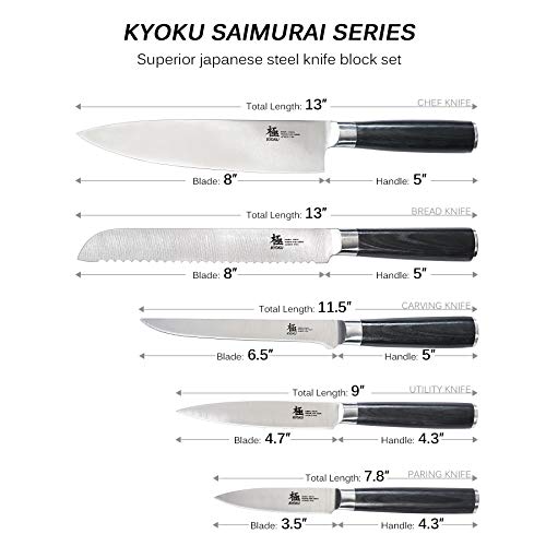 KYOKU 5-Knife Set with Block, 8” Chef Knife + 8” Bread Knife + 6.5” Carving Knife + 5” Utility Knife + 3.5” Paring Knife – Premium Japanese Steel Cutlery Kitchen Knives Set with Wooden Block