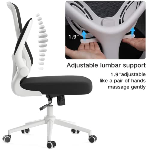 Hbada Ergonomic Office Chair Work Desk Chair Computer Breathable Mesh Chair with Adjustable Lumbar Support and Flip-up Arms, White