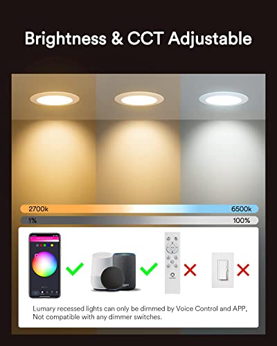 Lumary Recessed Lighting Slim 6 Inch Smart LED Recessed Lights 13W 1100LM WiFi LED Retrofit Downlight with Junction Box Work with Alexa/Google Assistant(6inch-4PCS)