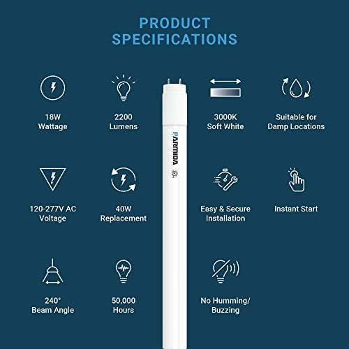 PARMIDA 20-Pack 4FT LED T8 Hybrid Type A+B Light Tube, 18W, Plug & Play or Ballast Bypass, Single-Ended OR Double-Ended Connection, 2200lm, Frosted Cover, T8 T10 T12, UL - 3000K - Sales4U