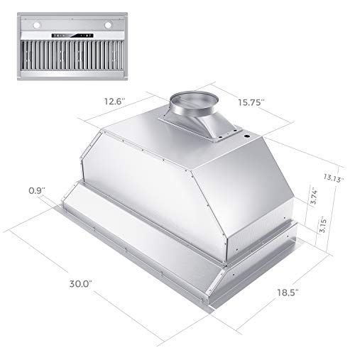IKTCH 30 inch Built-in/Insert Range Hood 900 CFM, Ducted/Ductless Convertible Duct, Stainless Steel Kitchen Vent Hood with 2 Pcs Adjustable Lights and 2 Pcs Baffle Filters with Handlebar(IKB02-30'')