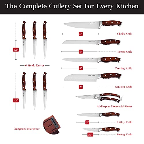 15-Piece Premium Kitchen Knife Set With Block | Master Maison German Stainless Steel Knives With Knife Sharpener & 6 Steak Knives (Walnut)