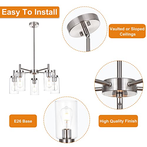 VINLUZ Contemporary 5 Light Large Chandeliers Modern Clear Glass Shades Pendant Lighting Brushed Polished Nickel Dining Room Lighting Fixtures Hanging Adjustable Wire Semi Flush Ceiling Lights