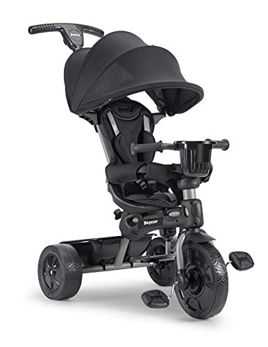 Joovy 4.1 Kids Tricycle with 4-Stages Featuring Extra-Wide Front Tire, Removable and Adjustable Parent Handle, Safety Harness, Machine-Washable Seat Pad, and Retractable Canopy (Black)