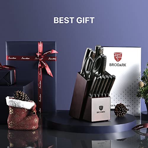 BRODARK Kitchen Knife Set with Block, Upgraded Ultra Sharp 15 PCS German Stainless Steel Professional Chef Knife Set with Knife Sharpener, NSF Certified Full Tang Knife Block Set, Gift for Men I Women