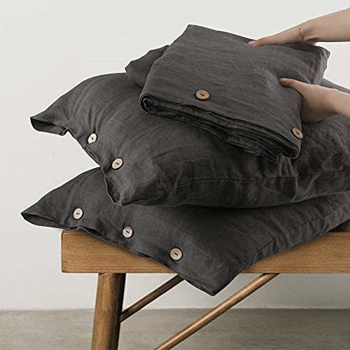 Simple&Opulence 100% Washed Linen Duvet Cover Set-Soft Natural Flax Bedding Set (1 Duvet Cover+ 2 Pillowcases)-Farmhouse Comforter Set with Coconut Button Closure (King, Charcoal Grey)