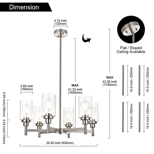 VINLUZ 6 Light Contemporary Chandelier Brushed Nickel Modern Pendant Lighting Cylinder Clear Glass Shaded Classic Ceiling Light Fixtures for Living Room Dining Room Kitchen