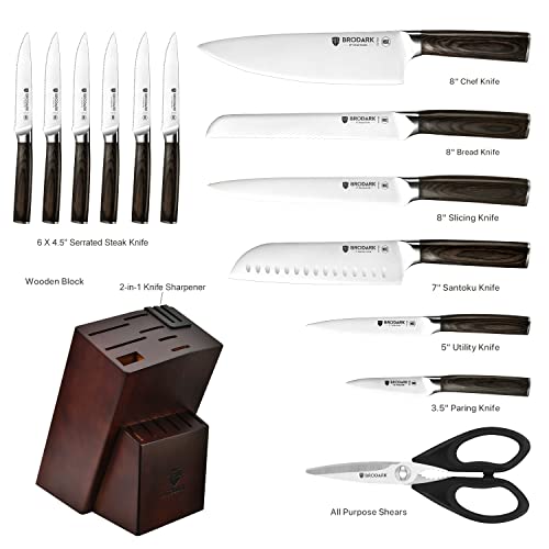 BRODARK Kitchen Knife Set with Block, Upgraded Ultra Sharp 15 PCS German Stainless Steel Professional Chef Knife Set with Knife Sharpener, NSF Certified Full Tang Knife Block Set, Gift for Men I Women