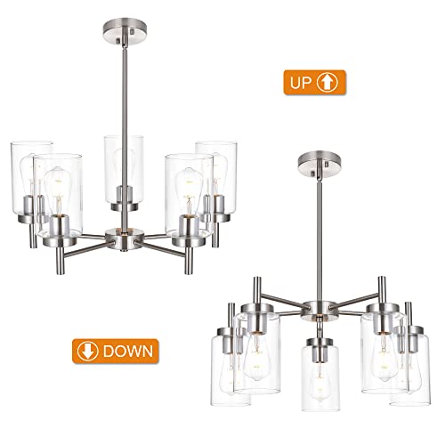 VINLUZ Contemporary 5 Light Large Chandeliers Modern Clear Glass Shades Pendant Lighting Brushed Polished Nickel Dining Room Lighting Fixtures Hanging Adjustable Wire Semi Flush Ceiling Lights