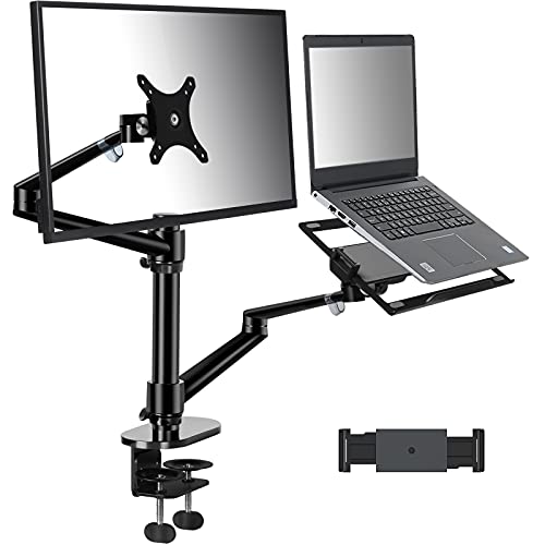 viozon Monitor and Laptop or Tablet Mount, 3-in-1 Adjustable Dual Arm Desk Stands Monitor Arm for 17-32'' Computer Screens, Tablet Arm for Extra 4.5-13'' Tablet&Phone Tray Fits 12-17'' Laptop (OL-3T)