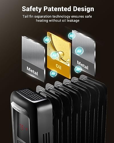 Aikoper Oil Filled Radiator Heater, 1500W Electric Portable Space Heaters for Indoor Use with Remote, Digital Thermostat, 4 Modes, 24h Timer, Overheat & Tip-Over Protection Quiet for Whole Room