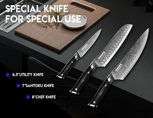 enowo Damascus Knife Set 3 PCS,Razor Sharp Kitchen Knives Japanese Damascus Steel VG10, Well-Balanced Damascus Chef Knife set with Premium G10 Full Tang Handle Triple Rivet Gift Box