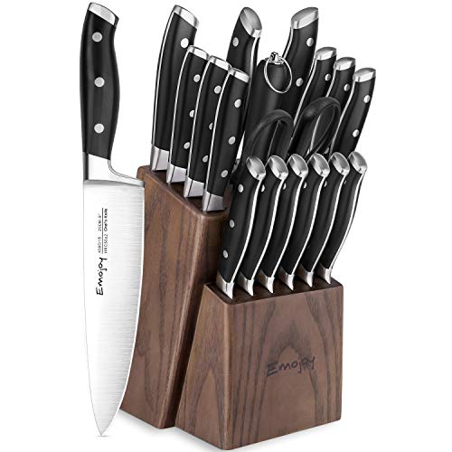 Emojoy Knife Set, 18-Piece Kitchen Knife Set with Block Wooden, Manual Sharpening for Chef Knife Set, German Stainless Steel