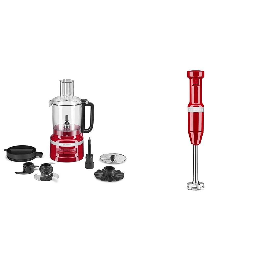 KitchenAid 9 Cup Food Processor, Empire Red & Variable Speed Corded Hand Blender - KHBV53, Empire Red, 1 Liter