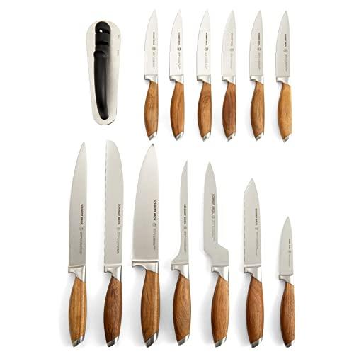 Schmidt Brothers - Bonded Teak, 15-Piece Knife Set, High-Carbon Stainless Steel Cutlery with Acacia and Acrylic Magnetic Knife Block and Knife Sharpener - Sales4U