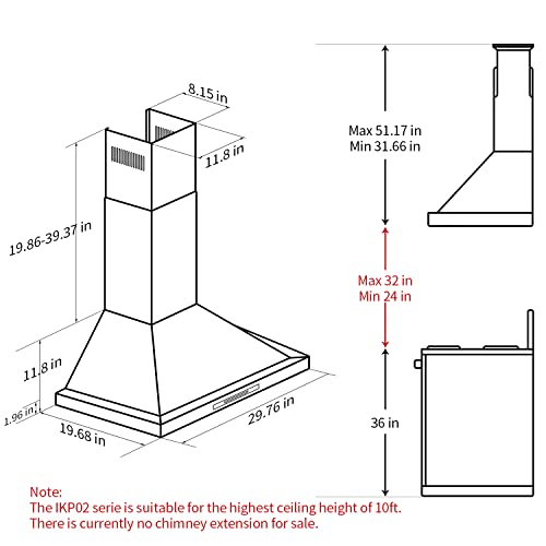 IKTCH 30 inch Wall Mount Range Hood 900 CFM Ducted/Ductless Convertible, Kitchen Chimney Vent Stainless Steel with Gesture Sensing & Touch Control Switch Panel, 2 Pcs Adjustable Lights(IKP02-30)
