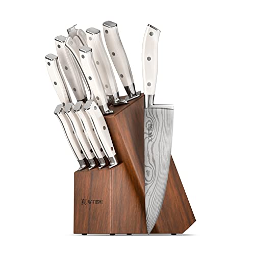 NEW Yatoshi 12 PCS White Knife Block Set - Pro Kitchen Knife Set Ultra Sharp High Carbon Stainless Steel with Ergonomic Handle
