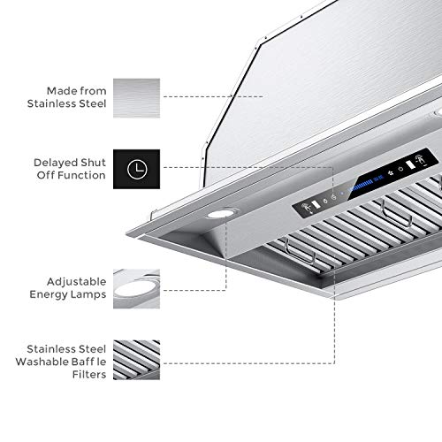 IKTCH 30 inch Built-in/Insert Range Hood 900 CFM, Ducted/Ductless Convertible Duct, Stainless Steel Kitchen Vent Hood with 2 Pcs Adjustable Lights and 2 Pcs Baffle Filters with Handlebar(IKB02-30'')
