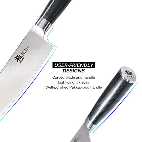 KYOKU 5-Knife Set with Block, 8” Chef Knife + 8” Bread Knife + 6.5” Carving Knife + 5” Utility Knife + 3.5” Paring Knife – Premium Japanese Steel Cutlery Kitchen Knives Set with Wooden Block