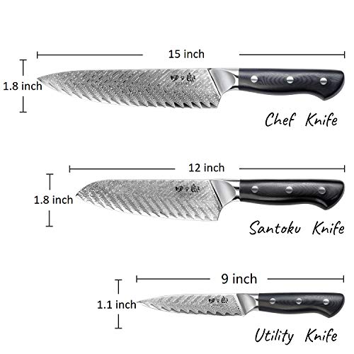SIXILANG Knife Set, Professional Damascus Chef Knives 3 PCS, 67 Layer Japanese AUS10 Steel Core Forged Kitchen Knives, Well-Balanced Full Tang Handle Triple Rivet Handle with Premium black Gift Box