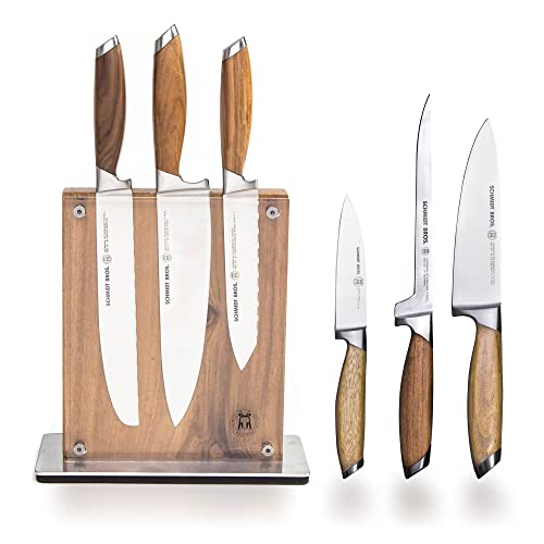 Schmidt Brothers - Bonded Teak, 7-Piece Knife Set, High-Carbon Stainless Steel Cutlery with Midtown Acacia and Acrylic Magnetic Knife Block