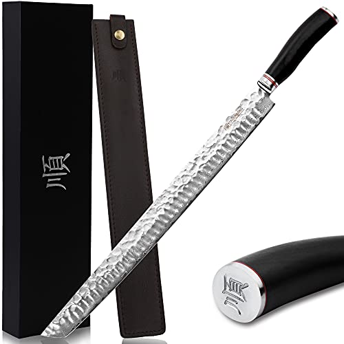 YOUSUNLONG Sakimaru Knife 15 inch(380mm) Ultimate Japanese Damascus Steel Fillet Knives Suitable for cutting tuna and salmon-Natural Ebony Handle With Leather Sheath