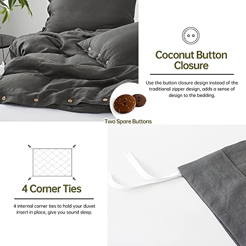 Simple&Opulence 100% Washed Linen Duvet Cover Set-Soft Natural Flax Bedding Set (1 Duvet Cover+ 2 Pillowcases)-Farmhouse Comforter Set with Coconut Button Closure (King, Charcoal Grey)