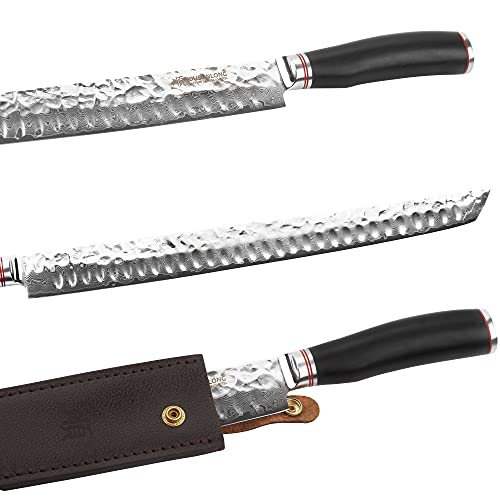 YOUSUNLONG Sakimaru Knife 15 inch(380mm) Ultimate Japanese Damascus Steel Fillet Knives Suitable for cutting tuna and salmon-Natural Ebony Handle With Leather Sheath