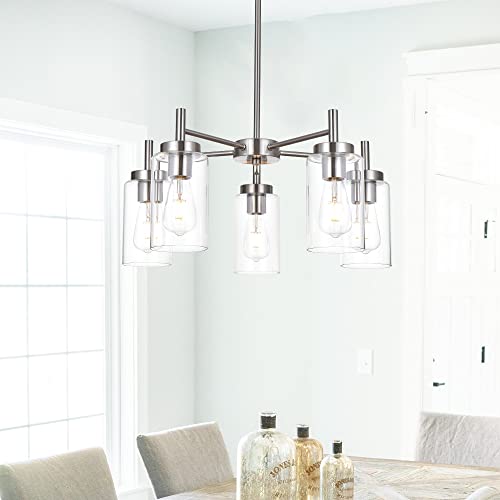 VINLUZ Contemporary 5 Light Large Chandeliers Modern Clear Glass Shades Pendant Lighting Brushed Polished Nickel Dining Room Lighting Fixtures Hanging Adjustable Wire Semi Flush Ceiling Lights