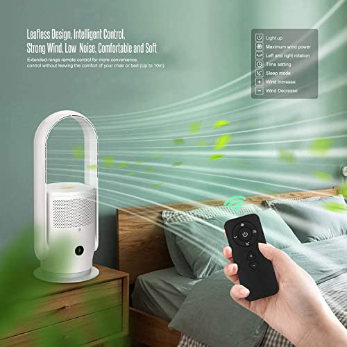 ULTTY Bladeless Tower Fan and Air Purifier in one, 90° Oscillating Bladeless Fan with Remote, Touch, 8H Timer, Floor Fans for Bedroom Whole Room Home Office, White