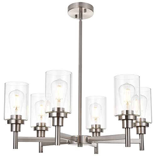 VINLUZ 6 Light Contemporary Chandelier Brushed Nickel Modern Pendant Lighting Cylinder Clear Glass Shaded Classic Ceiling Light Fixtures for Living Room Dining Room Kitchen
