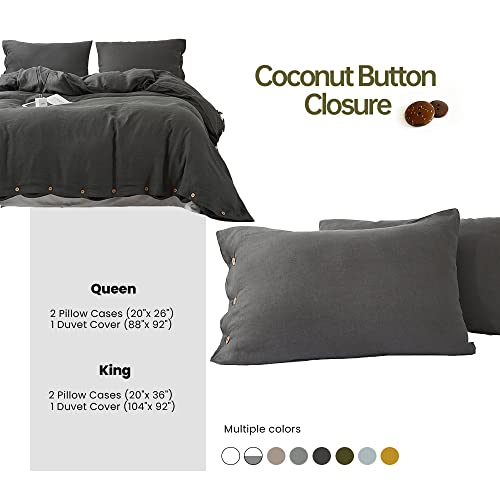 Simple&Opulence 100% Washed Linen Duvet Cover Set-Soft Natural Flax Bedding Set (1 Duvet Cover+ 2 Pillowcases)-Farmhouse Comforter Set with Coconut Button Closure (King, Charcoal Grey)