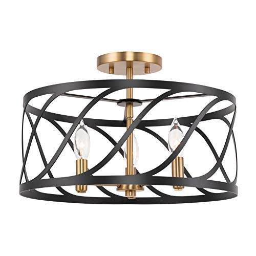 Kira Home Isabelle 16" 3-Light Modern Semi-Flush Mount Ceiling Light, Metal Drum Shade, Warm Brass Accents + Black Finish